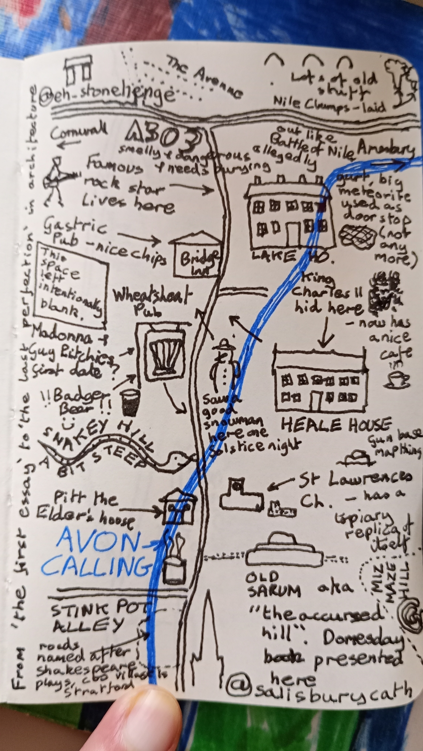 Auto-generated description: A hand-drawn map features various whimsical locations and annotations such as Nile clumps, Famous rock star loves here, and Stink Pot Alley, with a river running through it.