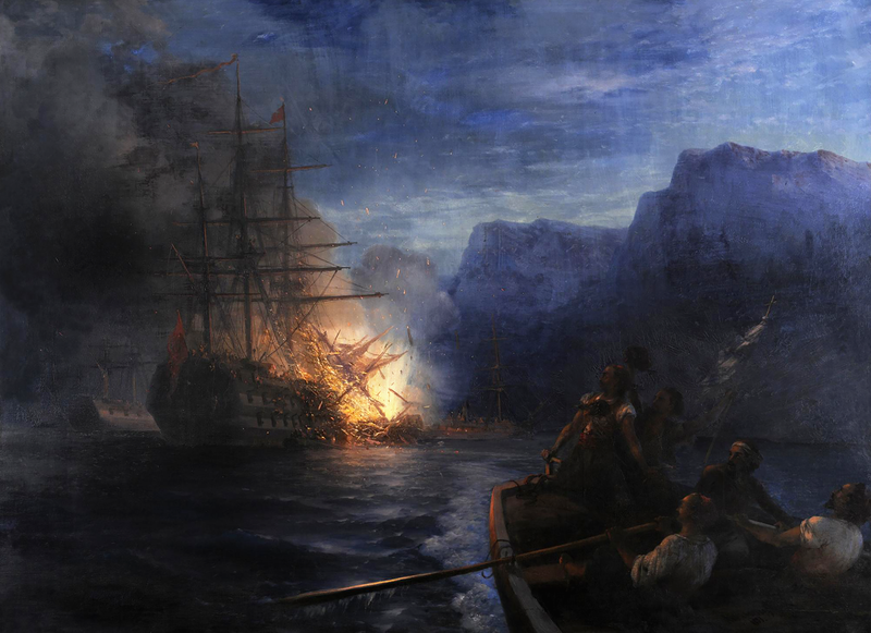 painting:The Burning of the Turkish Flagship by Kanaris - Ivan Aivazovsky, 1881