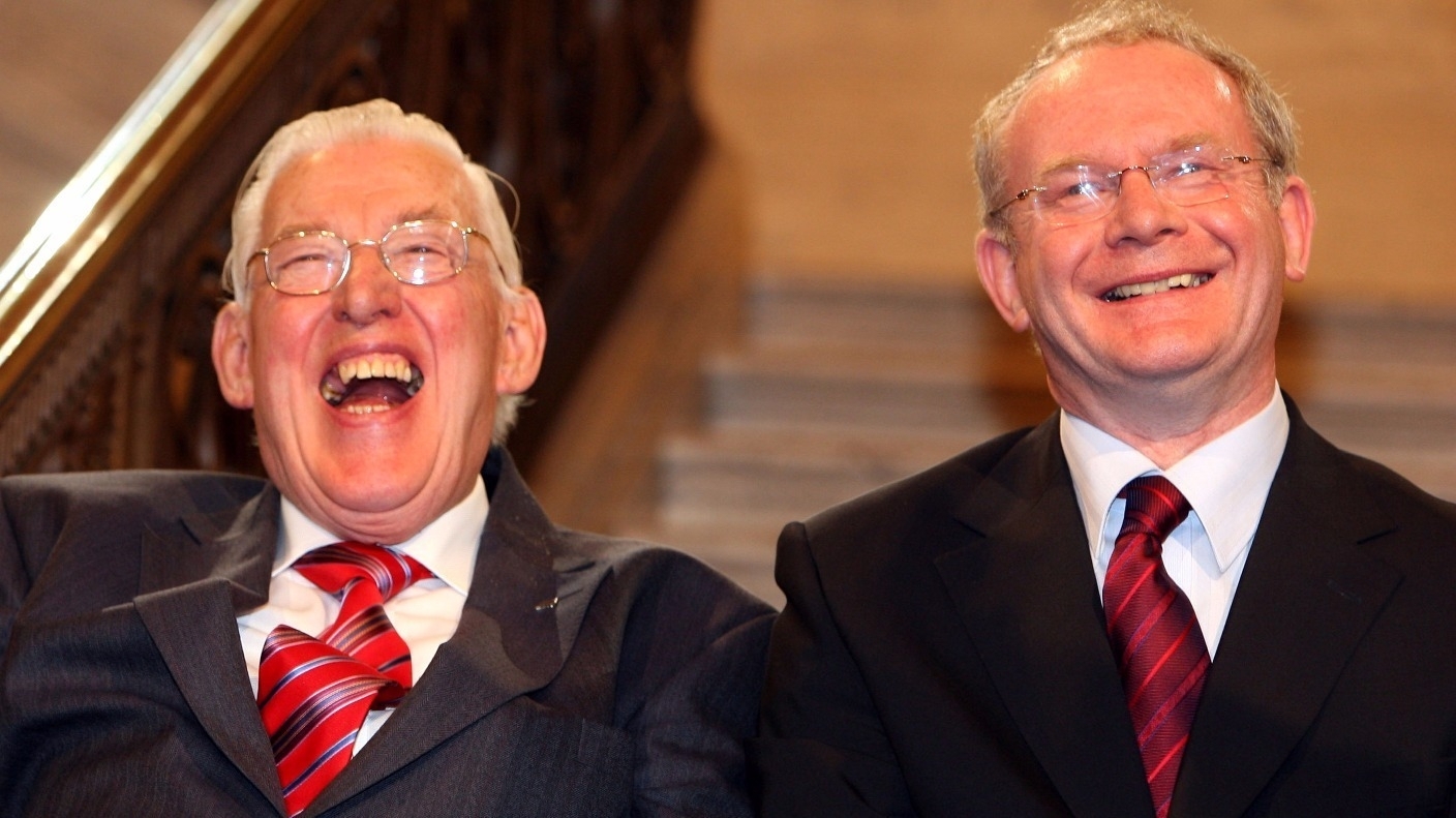 Ian Paisley, the Unionist, and Martin McGuinness, the Republican, laughing about something or other