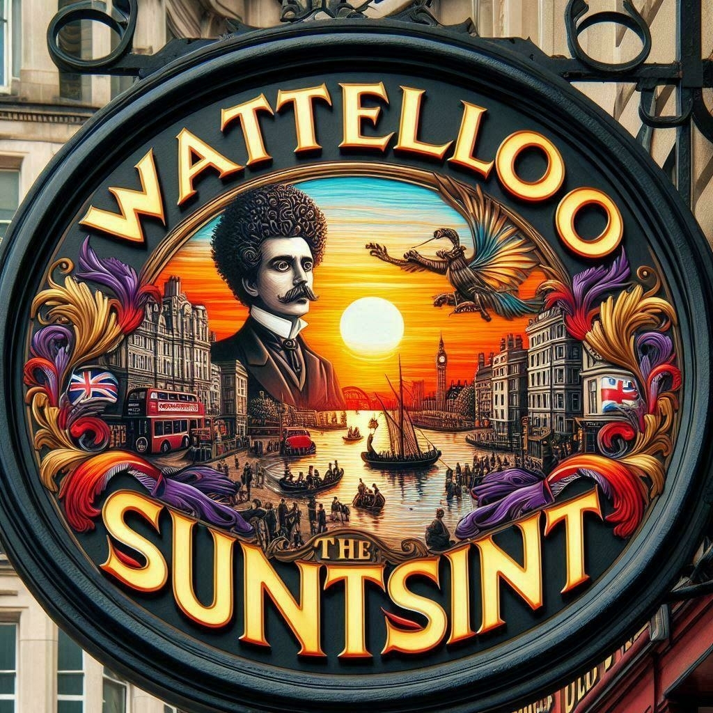 Auto-generated description: A vibrant pub sign features a sunset-lit cityscape, a man with an afro, a bird, and ornate details.