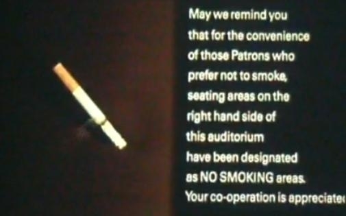 Cinema notice telling smokers to sit on the right hand side of the auditorium