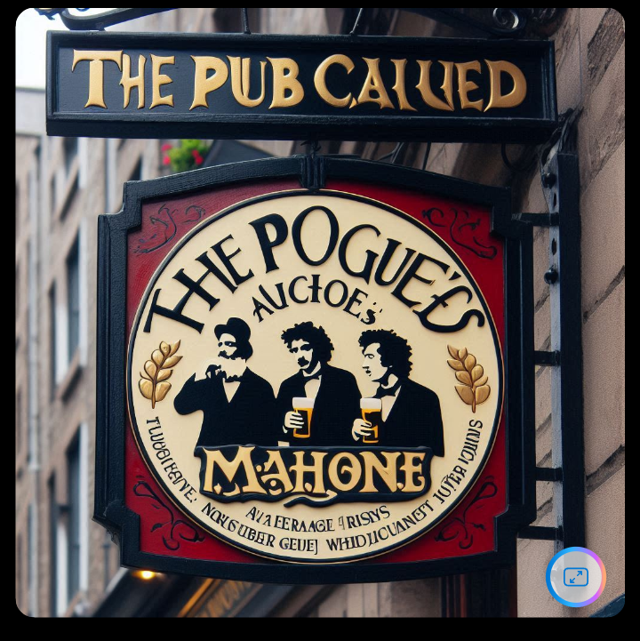 Auto-generated description: A pub sign featuring caricatures of three people and the name The Pogue's Mahone is displayed.