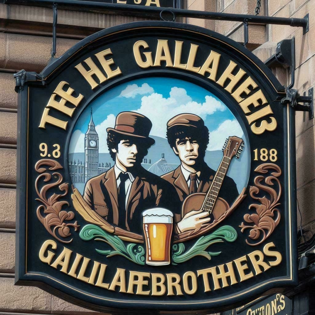 Auto-generated description: A vintage-style pub sign features two men in suits and caps, one holding a guitar, with a pint of beer beneath them and historical buildings in the background.