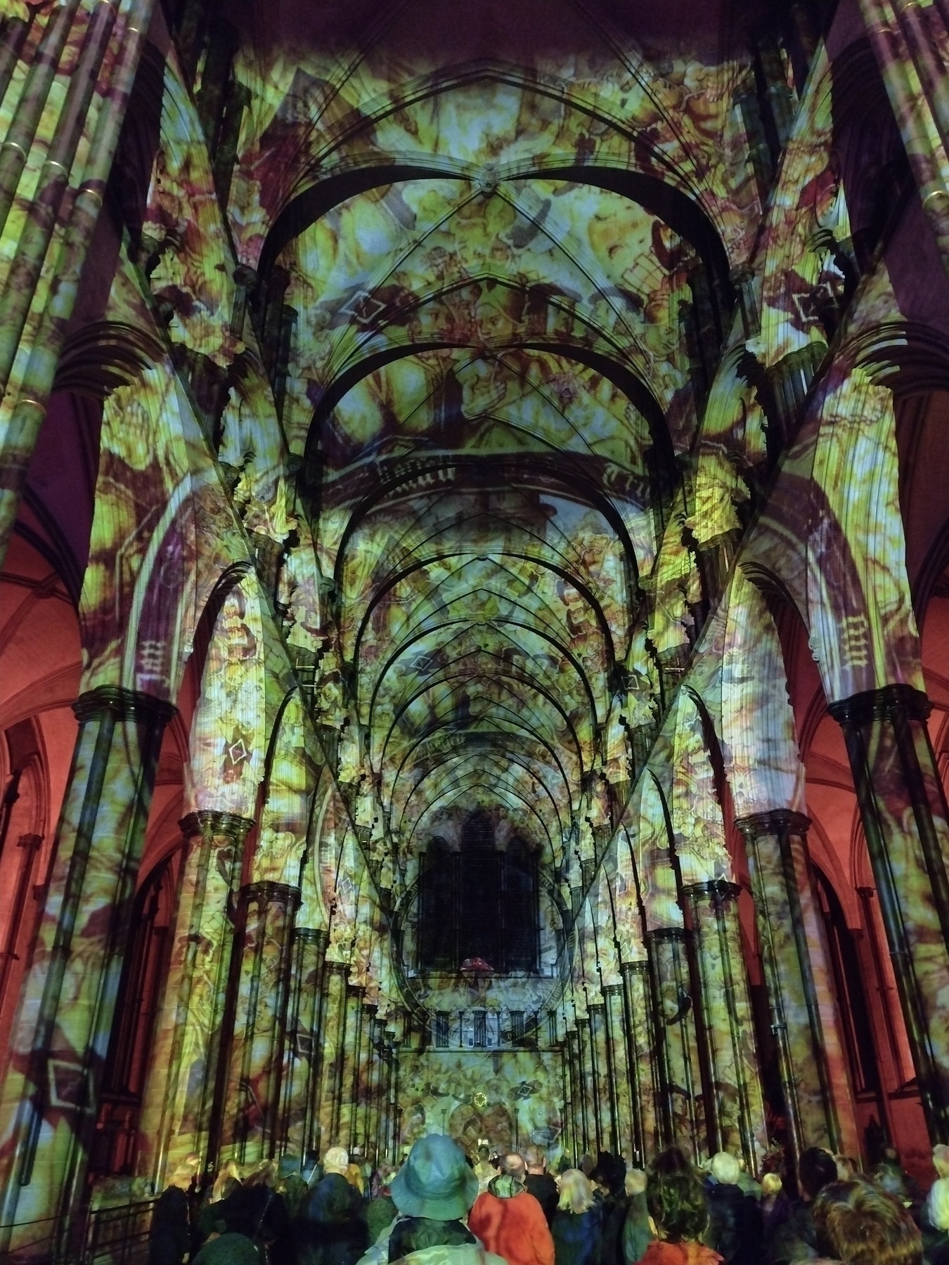Salisbury cathedral with lots of projections on the walls