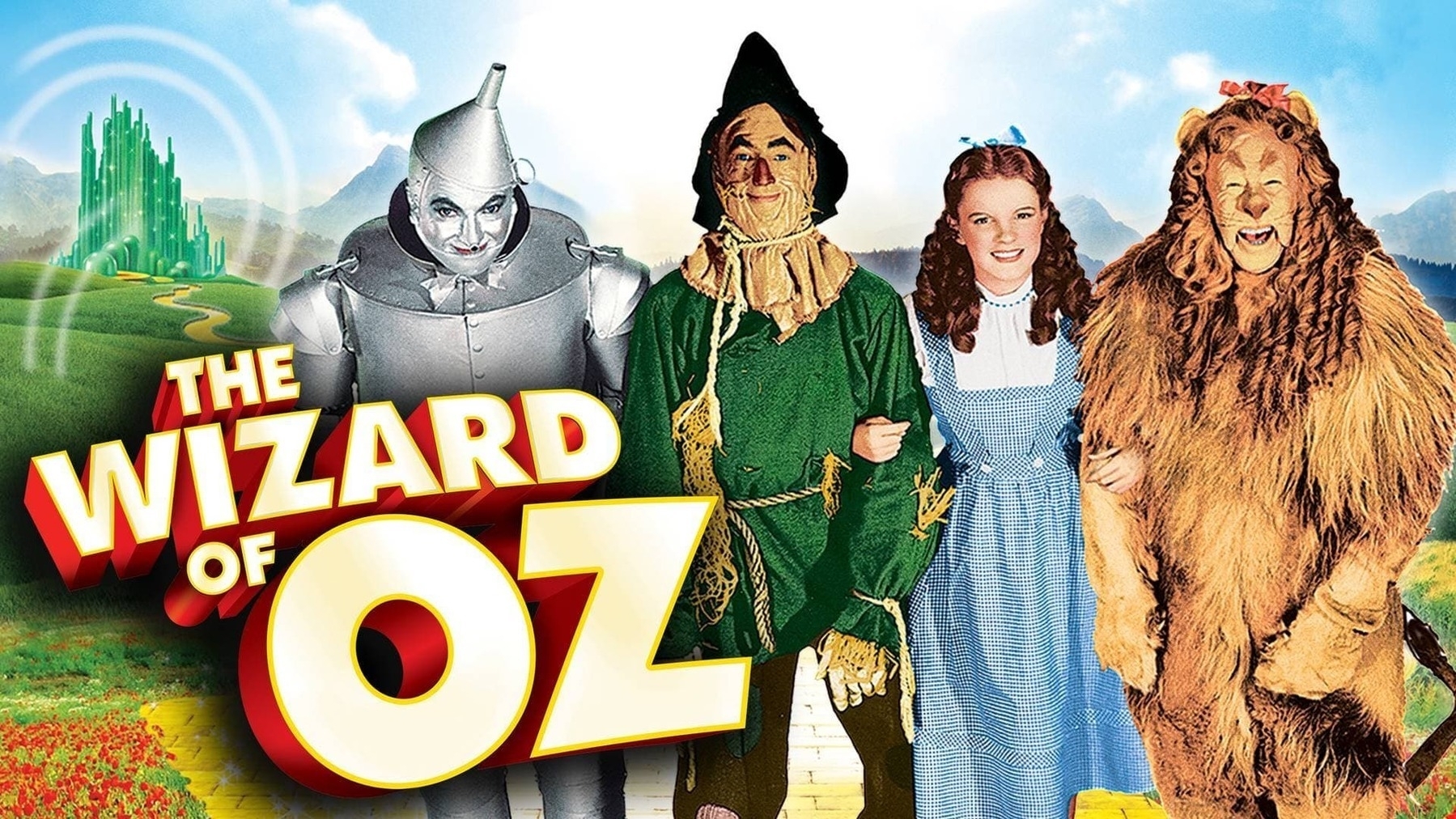 Four characters from "The Wizard of Oz" stand together on the yellow brick road with the Emerald City in the background, accompanied by the movie's title.