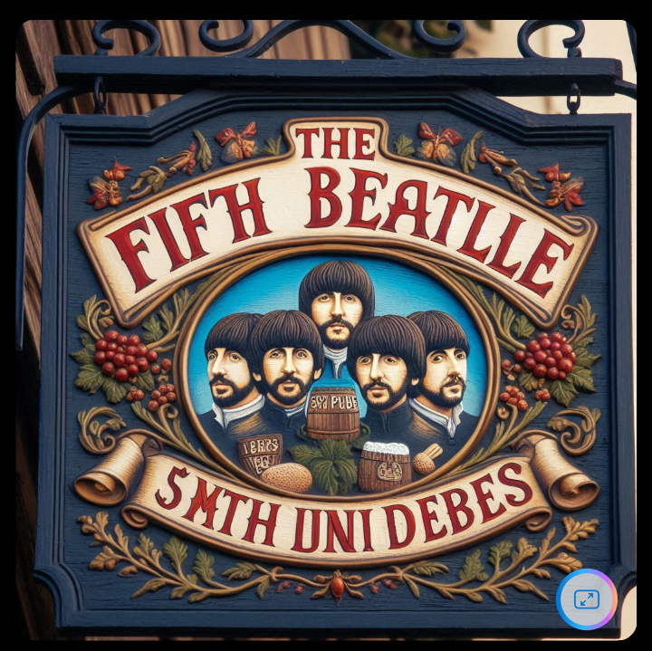 Auto-generated description: A decorative sign features an artistic rendition of four musicians with the text The Fifth Beatle and 5 Mth Uni Debes, surrounded by ornate designs.