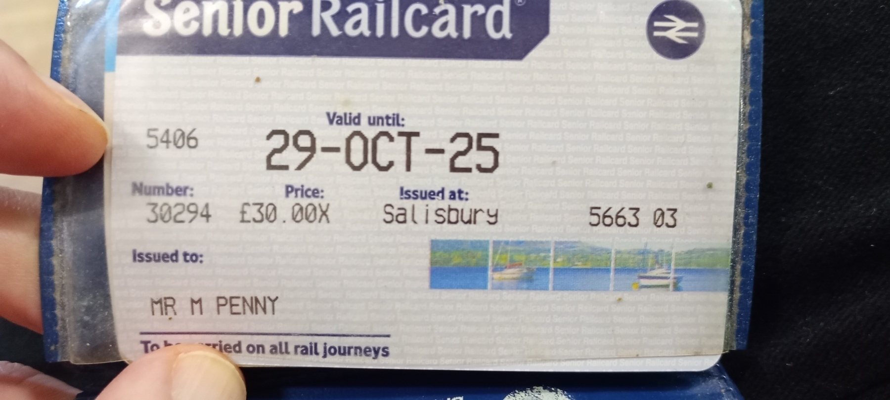 A Senior Railcard valid until October 29, 2025, issued to Mr. M Penny in Salisbury, is pictured.