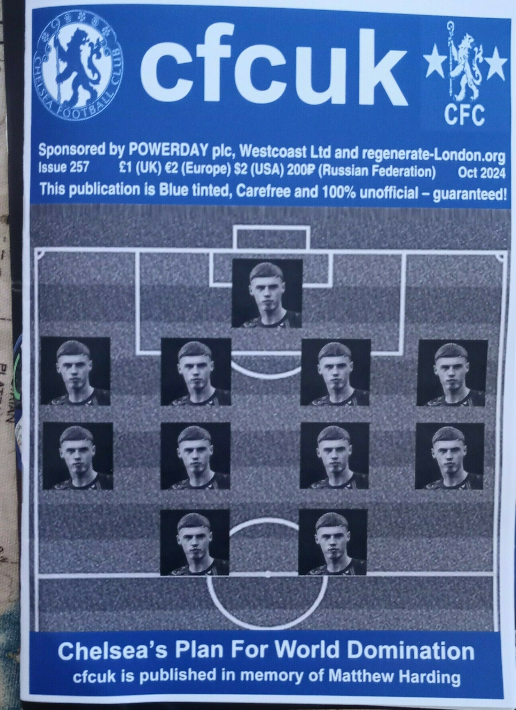 A magazine cover titled "cfcuk" features multiple identical black-and-white photos of a man arranged on a soccer field layout with a picture of Cole Palmer in every position 