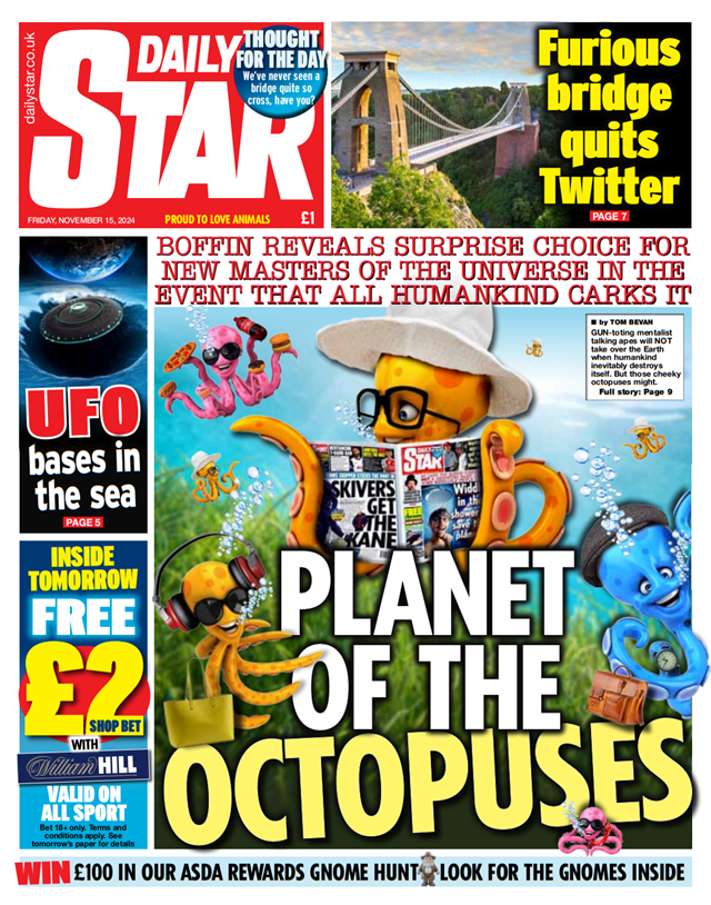 A newspaper cover features headlines about alien octopuses taking over, a mysterious UFO crash, and a humorous story about a bridge quitting Twitter.