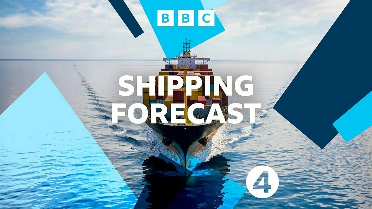 A container ship is sailing on the ocean with the text "BBC Shipping Forecast" and graphic elements surrounding it.