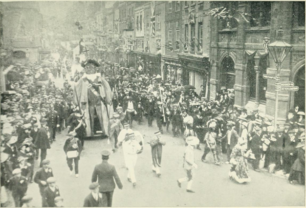 Picture of a procession in Salisbury, probably in the early 29th century, featuring the Giant and Hobnob