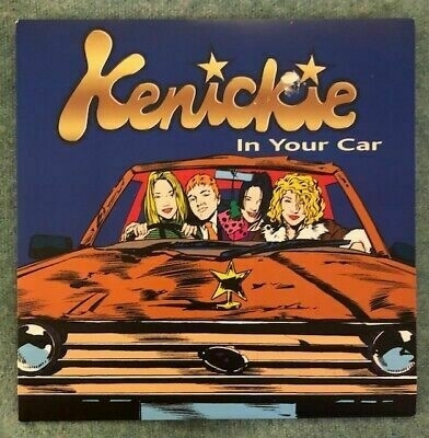 Four illustrated people are driving a car on an album cover with the title "Kenickie In Your Car."