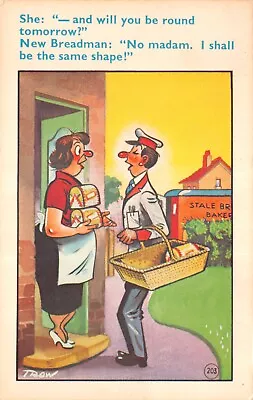 A cartoon depicts a bread delivery person joking with a woman at her door, with a humorous exchange - 'will you be round tomorrow'....'no, I'll be the same shape' 