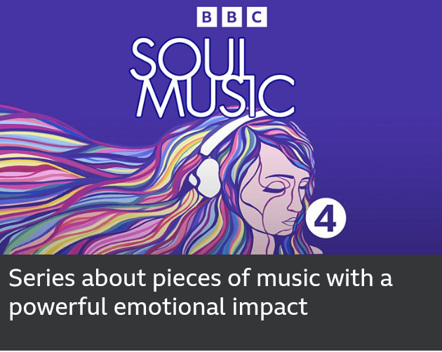 A colorful illustration featuring a person with flowing, multicolored hair wearing headphones, along with the text "BBC Soul Music" and a description of a series about music with emotional impact.