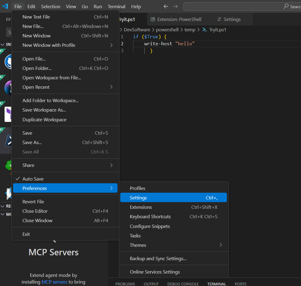 screen print showing how to get to VS code preferences